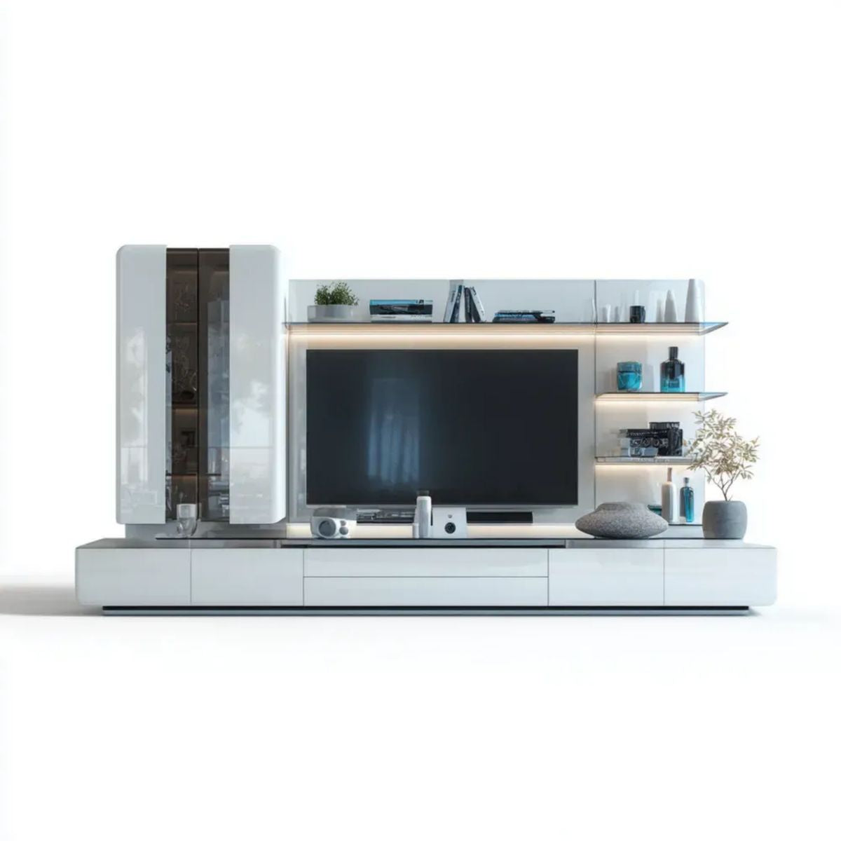 Biały zestaw mebli RTV z MDF, szkła i płyty laminowanej 300 x 40 x 200 cm
