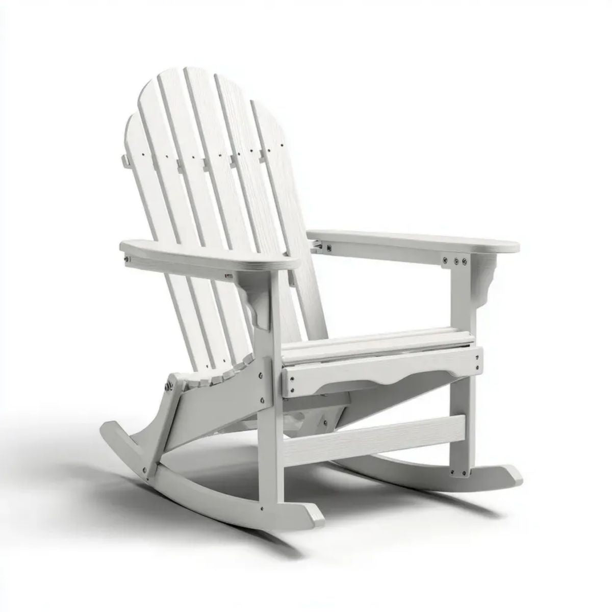 Biały ogrodowy fotel bujany Adirondack z tworzywa HDPE, 98 × 80 × 102 cm