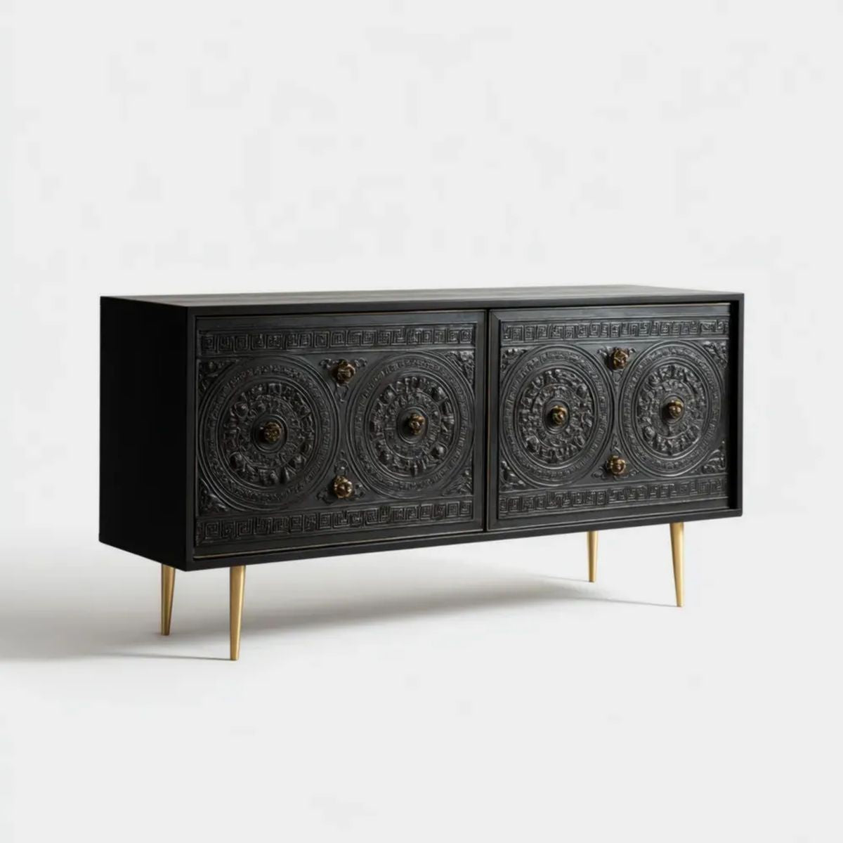 Czarna komoda z płyty MDF ze złotymi metalowymi nogami, 160 x 40 x 80 cm
