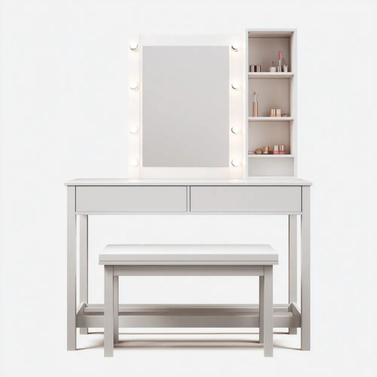 Biała toaletka MDF 100 x 40 x 145 cm z lustrem LED, regałem i taboretem