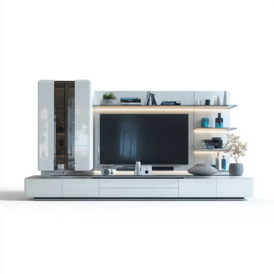 Biały zestaw mebli RTV z MDF, szkła i płyty laminowanej 300 x 40 x 200 cm