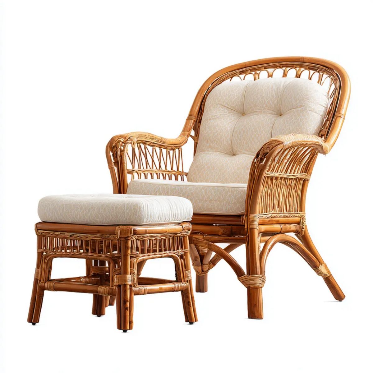 Rattanowy fotel z podnóżkiem, beżowe poduszki, miodowobrązowy, zestaw 2-elementowy, 76 × 65 × 105 cm
