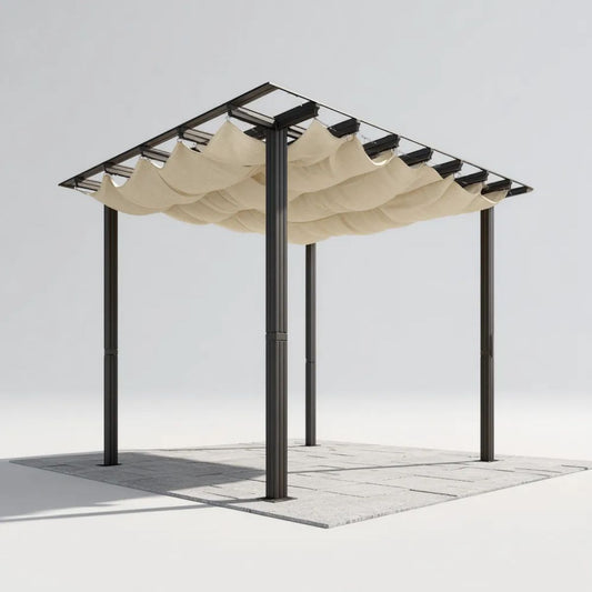 Aluminiowa pergola zewnętrzna z rozsuwanym dachem, czarno-kremowa, 300 x 300 x 230 cm