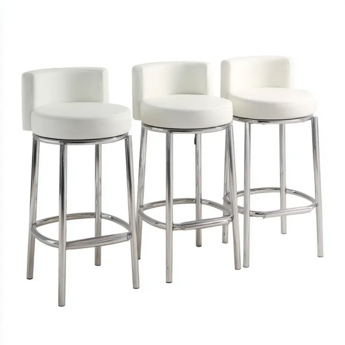 Zestaw 3 hokerów barowych białych z ekoskóry PU i stali chromowanej, 44 x 50 x 99 cm