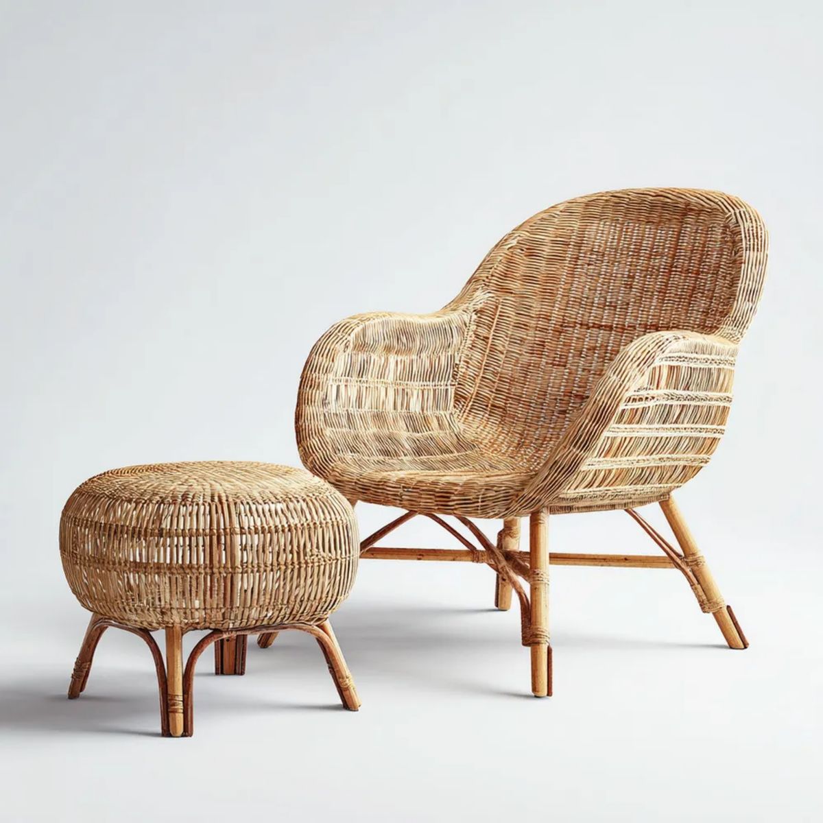 2-częściowy zestaw rattanowy: fotel z podnóżkiem, naturalny brąz, fotel 74 × 78 × 96 cm, podnóżek 58 × 46 × 38 cm
