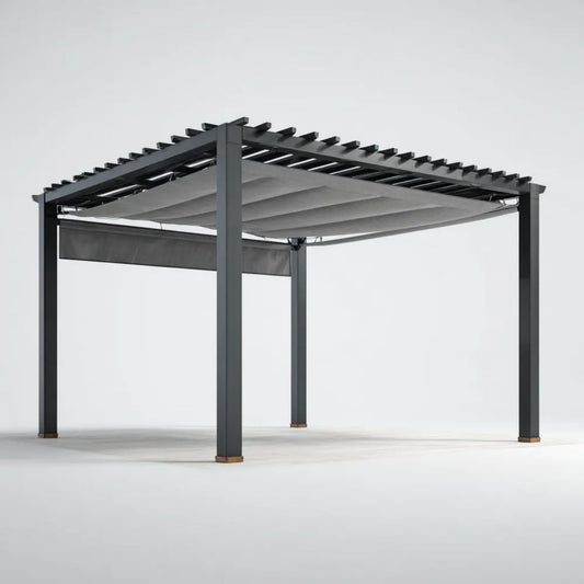 Pergola ogrodowa aluminiowa antracytowo-szara z ręcznie rozsuwanym dachem poliestrowym 300 x 400 x 230 cm