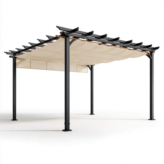 Pergola stalowa z rozsuwanym dachem 400 x 300 x 220 cm, czarno-beżowa