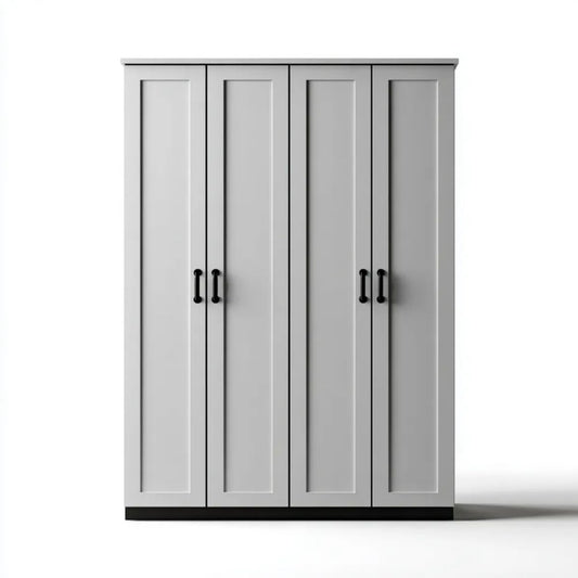 Szara czterodrzwiowa szafa z płyty MDF 200 × 60 × 220 cm z czarnymi uchwytami