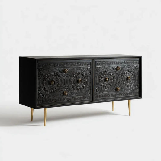 Czarna komoda z płyty MDF ze złotymi metalowymi nogami, 160 x 40 x 80 cm