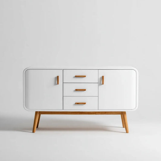 Biała komoda z płyty MDF i litego drewna sosnowego, 140 × 40 × 80 cm
