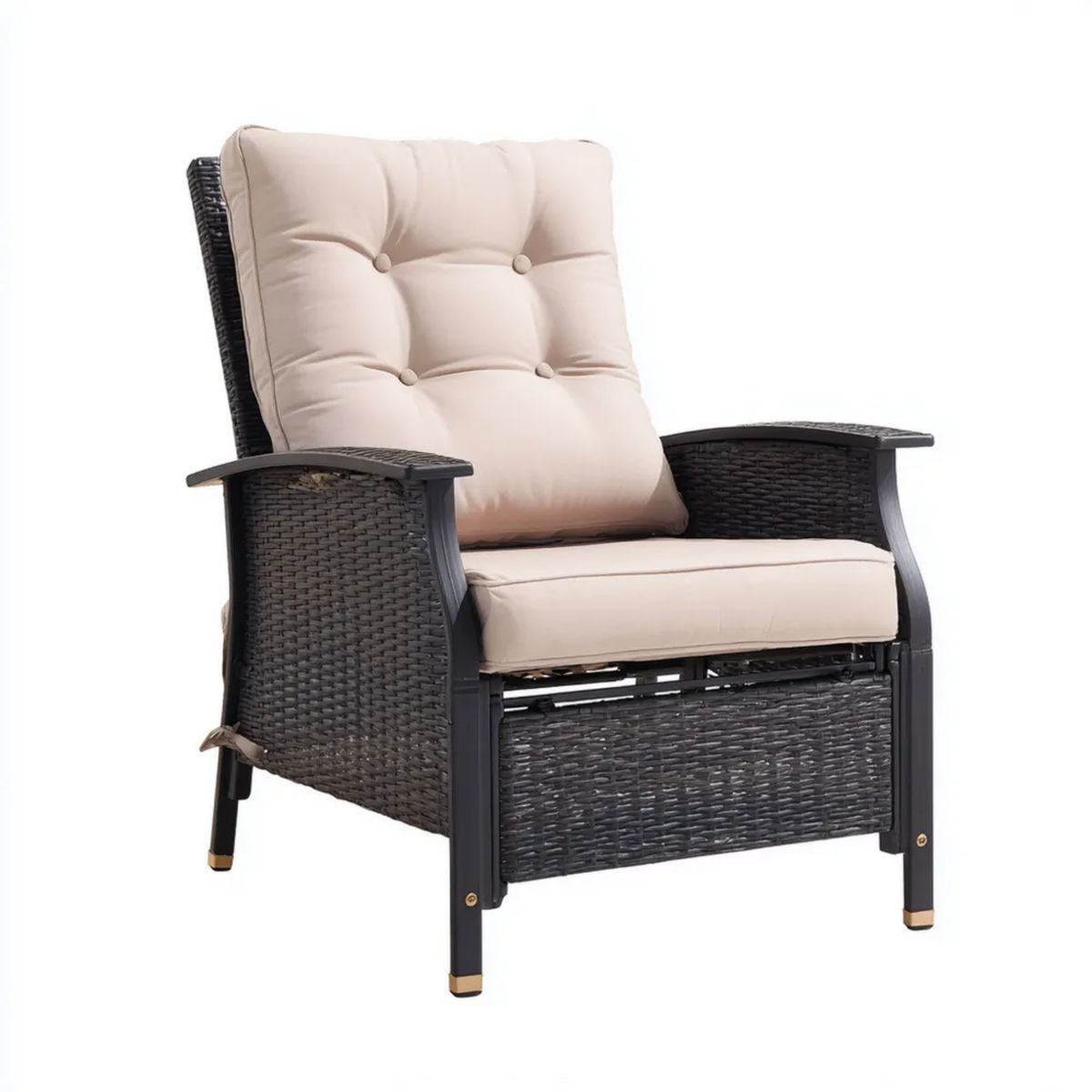Fotel ogrodowy z podłokietnikami, czarny rattan PE, stalowa rama, beżowe poduszki, 68 x 75 x 100 cm