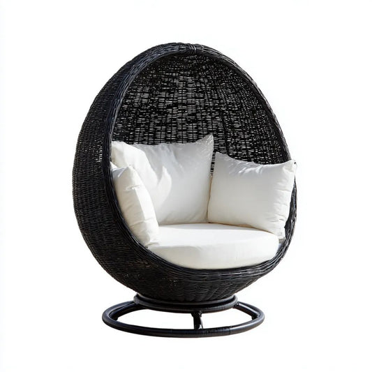 Obrotowy fotel ogrodowy kokon z rattanu czarny z białymi poduszkami 105 × 105 × 150 cm