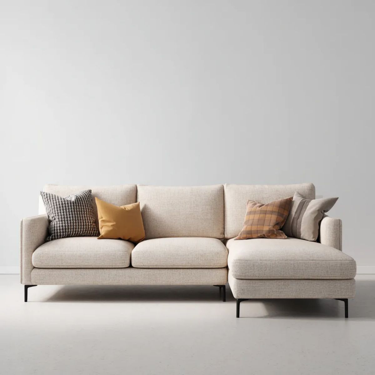 Beżowa sofa narożna 3-osobowa z tapicerką z tkaniny, prawa strona, 260 x 160 x 85 cm