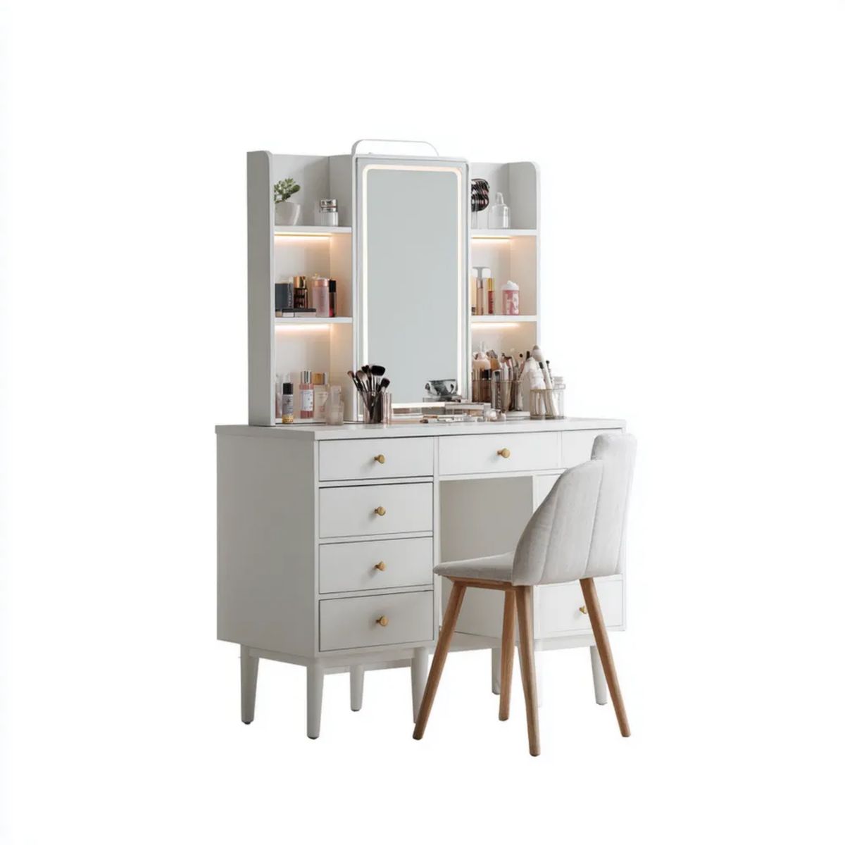 Biała toaletka z lustrem LED, półkami i krzesłem z płyty MDF, 100 × 40 × 145 cm