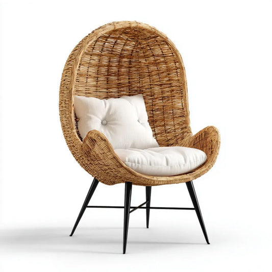 Owalny fotel rattanowy naturalny z białymi poduszkami, 80 × 75 × 120 cm