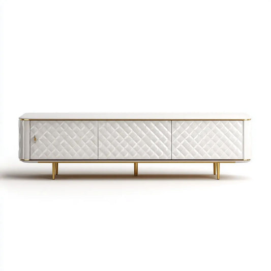 Szafka RTV biała ze złotymi elementami z płyty MDF, 200 x 40 x 55 cm, 3-drzwiowa
