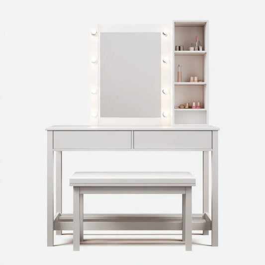 Biała toaletka MDF 100 x 40 x 145 cm z lustrem LED, regałem i taboretem