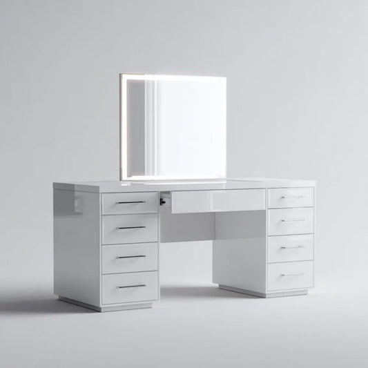Biała toaletka z lustrem LED z płyty MDF, 140 x 50 x 75 cm